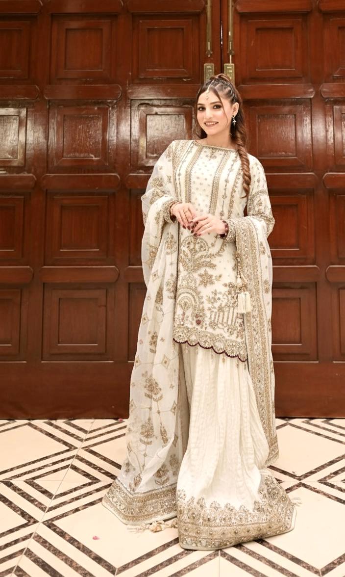 Off White Color Embroidered Rivert Moti Work Wedding Wear Plazzo Set