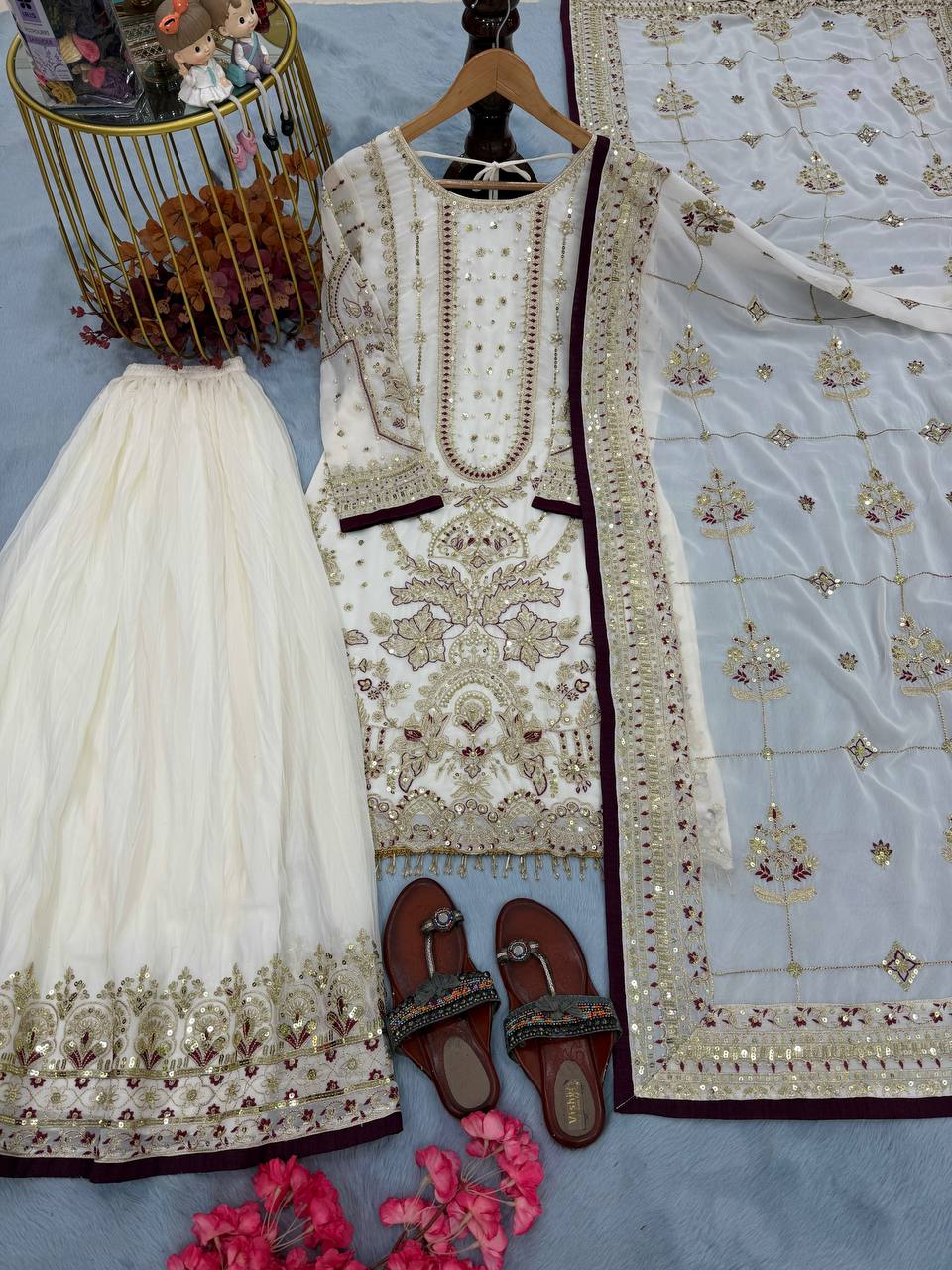 Off White Color Embroidered Rivert Moti Work Wedding Wear Plazzo Set