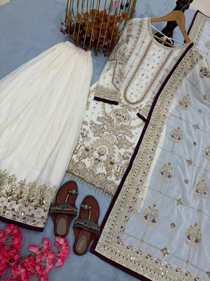 Off White Color Embroidered Rivert Moti Work Wedding Wear Plazzo Set