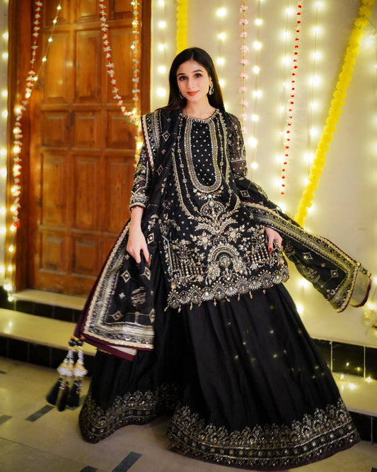 Black Color Embroidered Rivert Moti Work Wedding Wear Plazzo Set