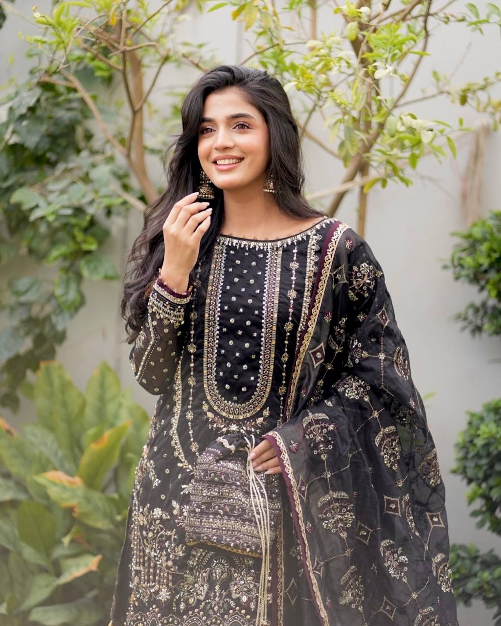 Black Color Embroidered Rivert Moti Work Wedding Wear Plazzo Set