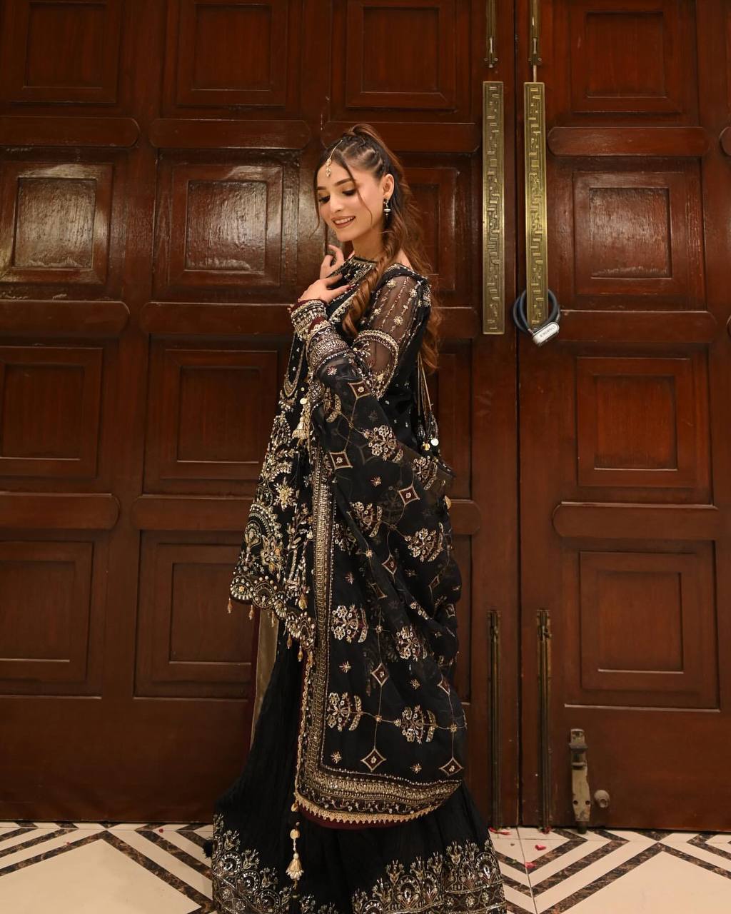 Black Color Embroidered Rivert Moti Work Wedding Wear Plazzo Set