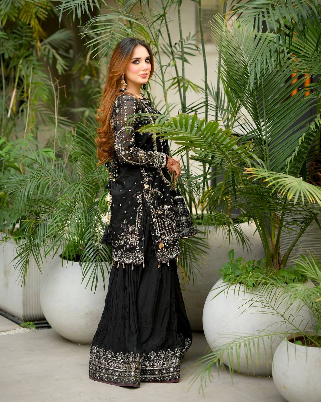Black Color Embroidered Rivert Moti Work Wedding Wear Plazzo Set