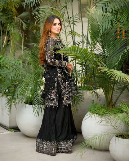 Black Color Embroidered Rivert Moti Work Wedding Wear Plazzo Set