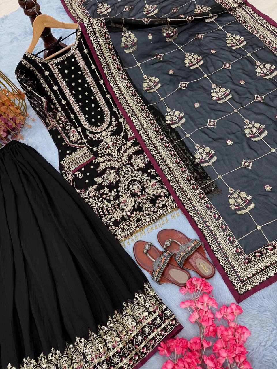 Black Color Embroidered Rivert Moti Work Wedding Wear Plazzo Set