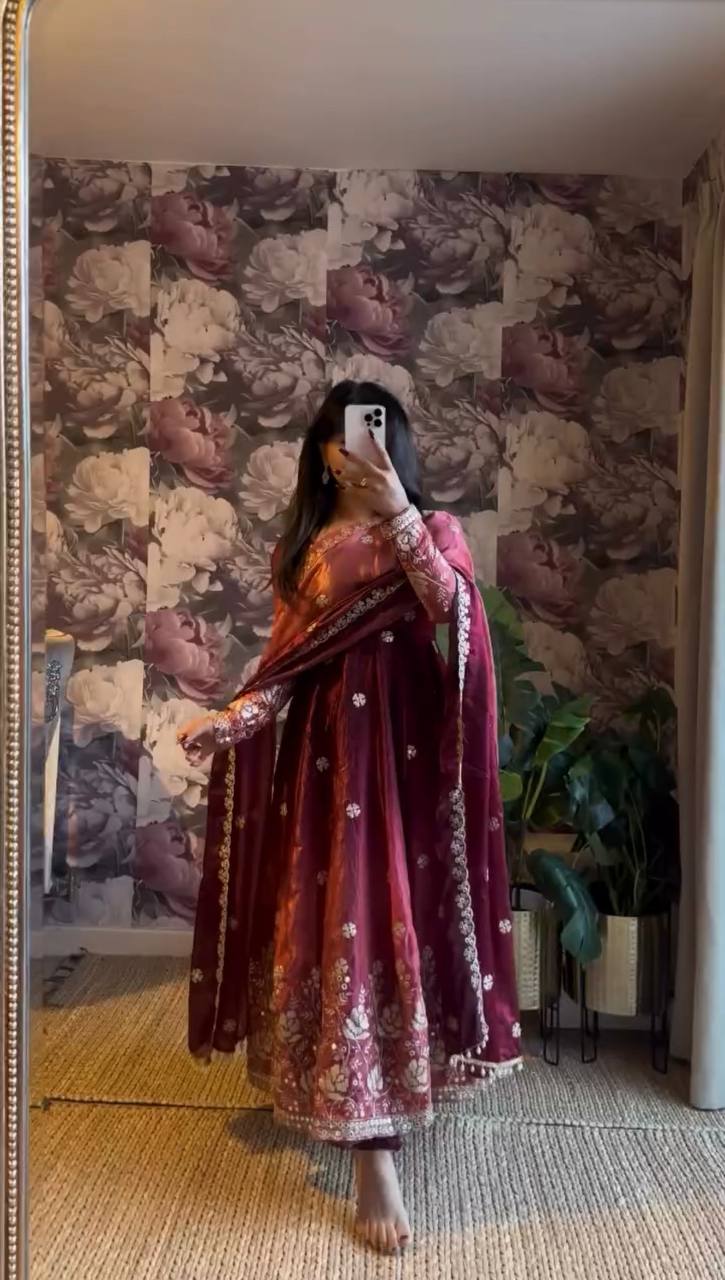 Elegant Wine Color Chinon Silk Anarkali Gown With Pant And Dupatta