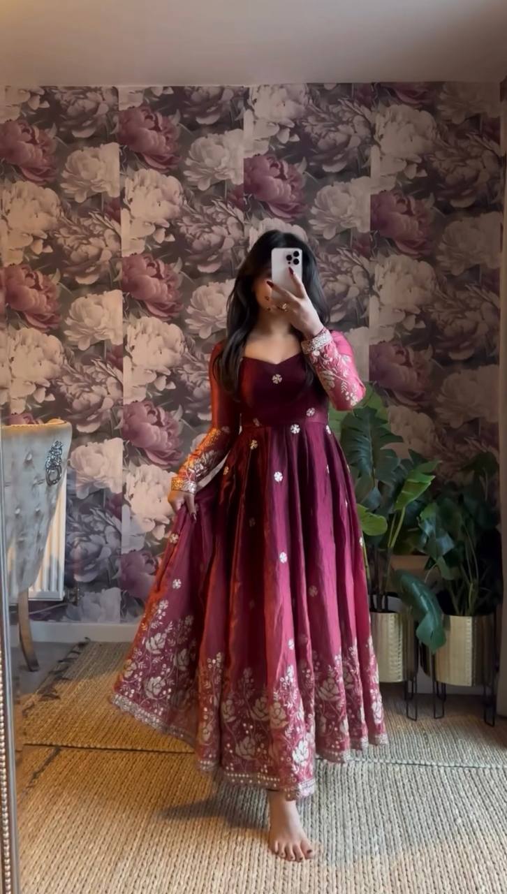 Elegant Wine Color Chinon Silk Anarkali Gown With Pant And Dupatta