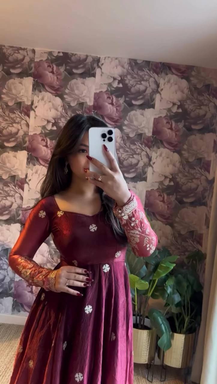 Elegant Wine Color Chinon Silk Anarkali Gown With Pant And Dupatta