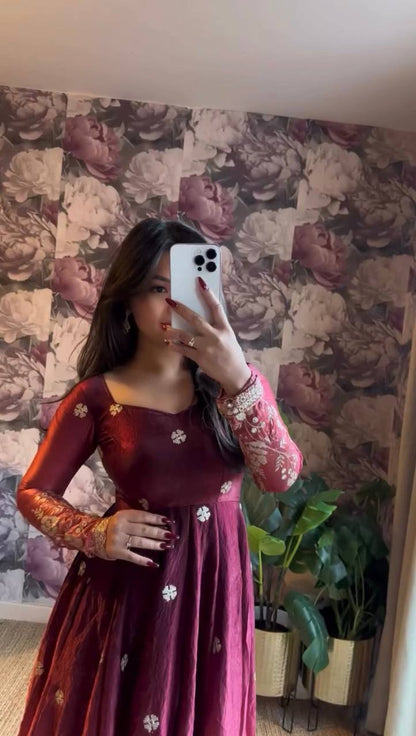 Elegant Wine Color Chinon Silk Anarkali Gown With Pant And Dupatta