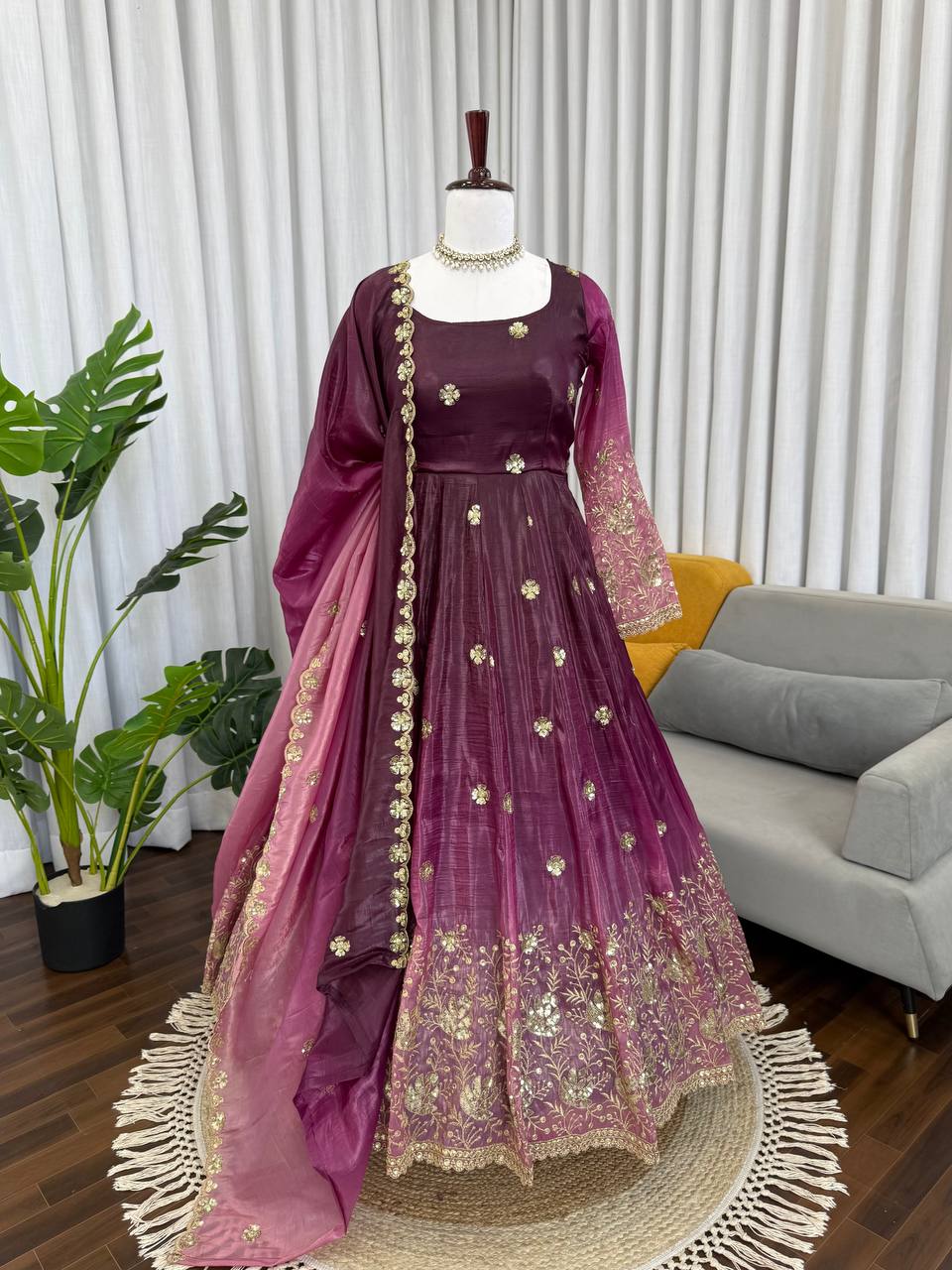 Elegant Wine Color Chinon Silk Anarkali Gown With Pant And Dupatta
