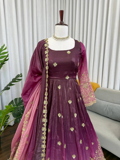 Elegant Wine Color Chinon Silk Anarkali Gown With Pant And Dupatta