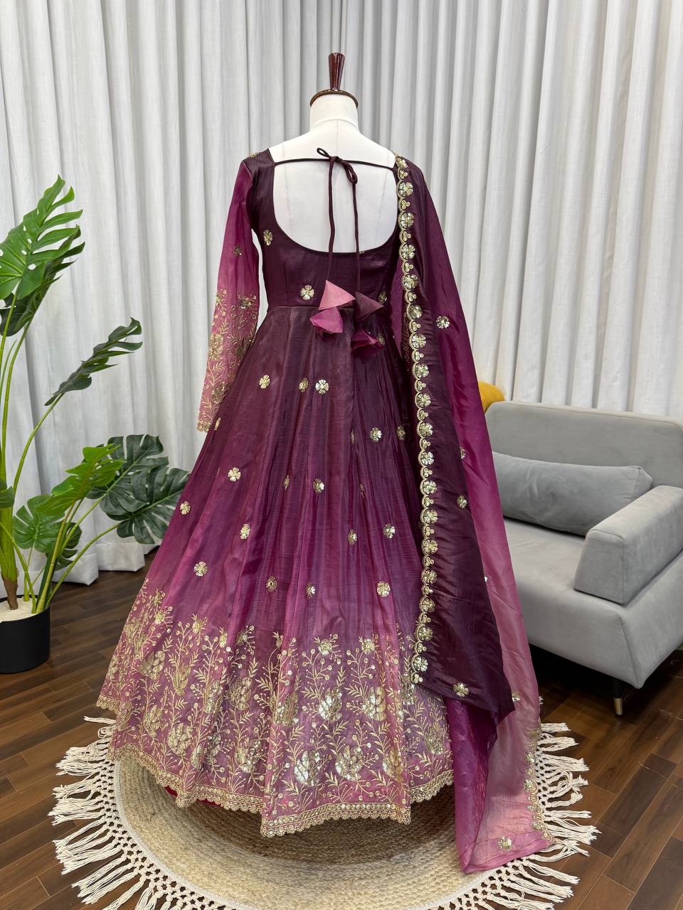 Elegant Wine Color Chinon Silk Anarkali Gown With Pant And Dupatta