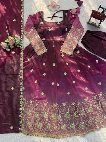 Elegant Wine Color Chinon Silk Anarkali Gown With Pant And Dupatta