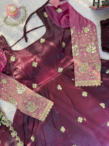 Elegant Wine Color Chinon Silk Anarkali Gown With Pant And Dupatta