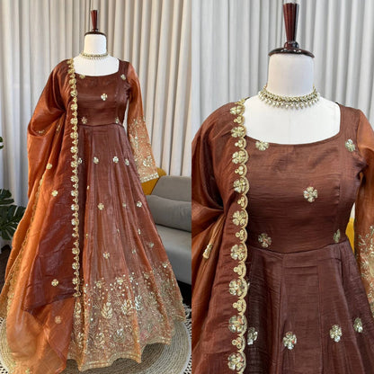 Elegant Brown Color Chinon Silk Anarkali Gown With Pant And Dupatta