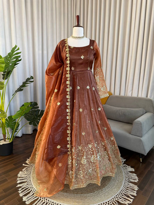 Elegant Brown Color Chinon Silk Anarkali Gown With Pant And Dupatta