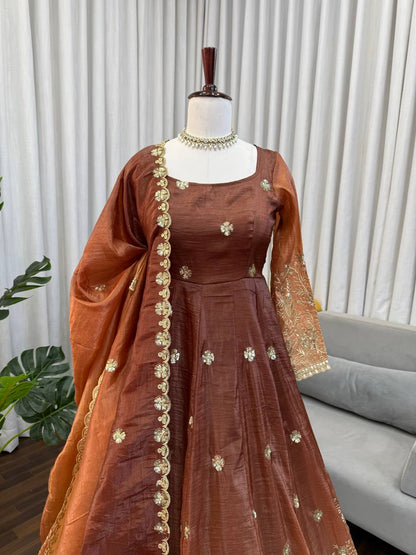 Elegant Brown Color Chinon Silk Anarkali Gown With Pant And Dupatta