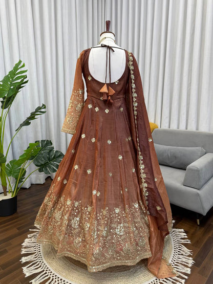 Elegant Brown Color Chinon Silk Anarkali Gown With Pant And Dupatta