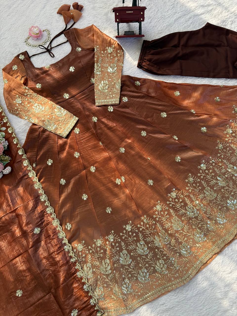 Elegant Brown Color Chinon Silk Anarkali Gown With Pant And Dupatta