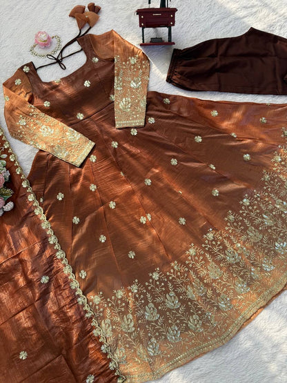 Elegant Brown Color Chinon Silk Anarkali Gown With Pant And Dupatta