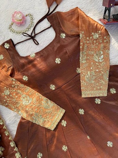 Elegant Brown Color Chinon Silk Anarkali Gown With Pant And Dupatta