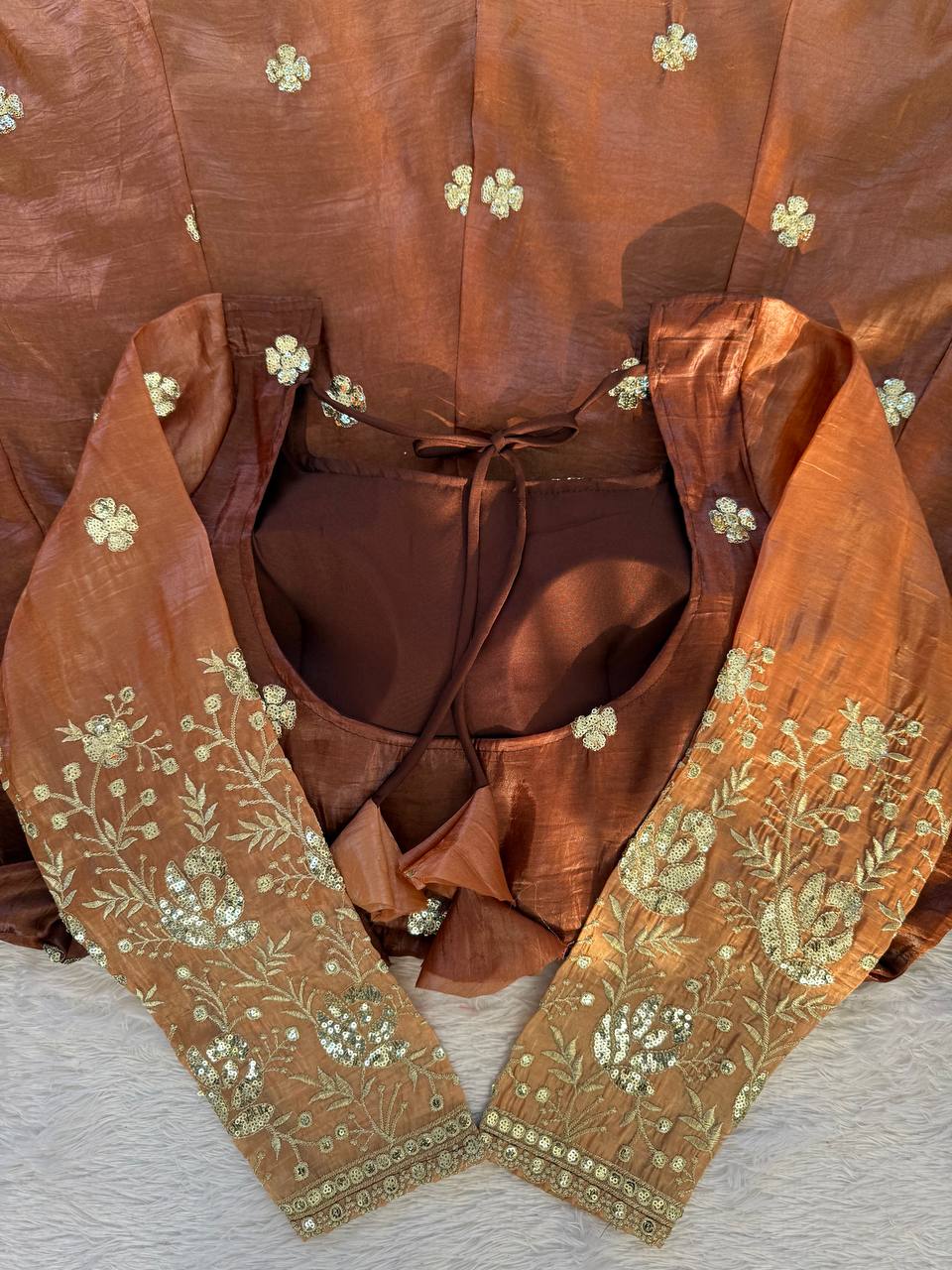 Elegant Brown Color Chinon Silk Anarkali Gown With Pant And Dupatta