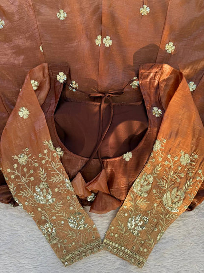 Elegant Brown Color Chinon Silk Anarkali Gown With Pant And Dupatta