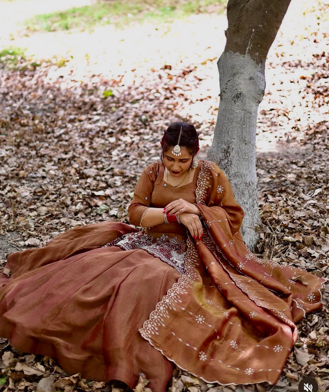 Party Wear Chocolate Color Simmer Silk Bids Hand Work With Sequence Embroidery Work Top With Lehenga