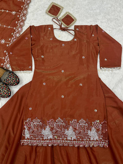 Party Wear Chocolate Color Simmer Silk Bids Hand Work With Sequence Embroidery Work Top With Lehenga