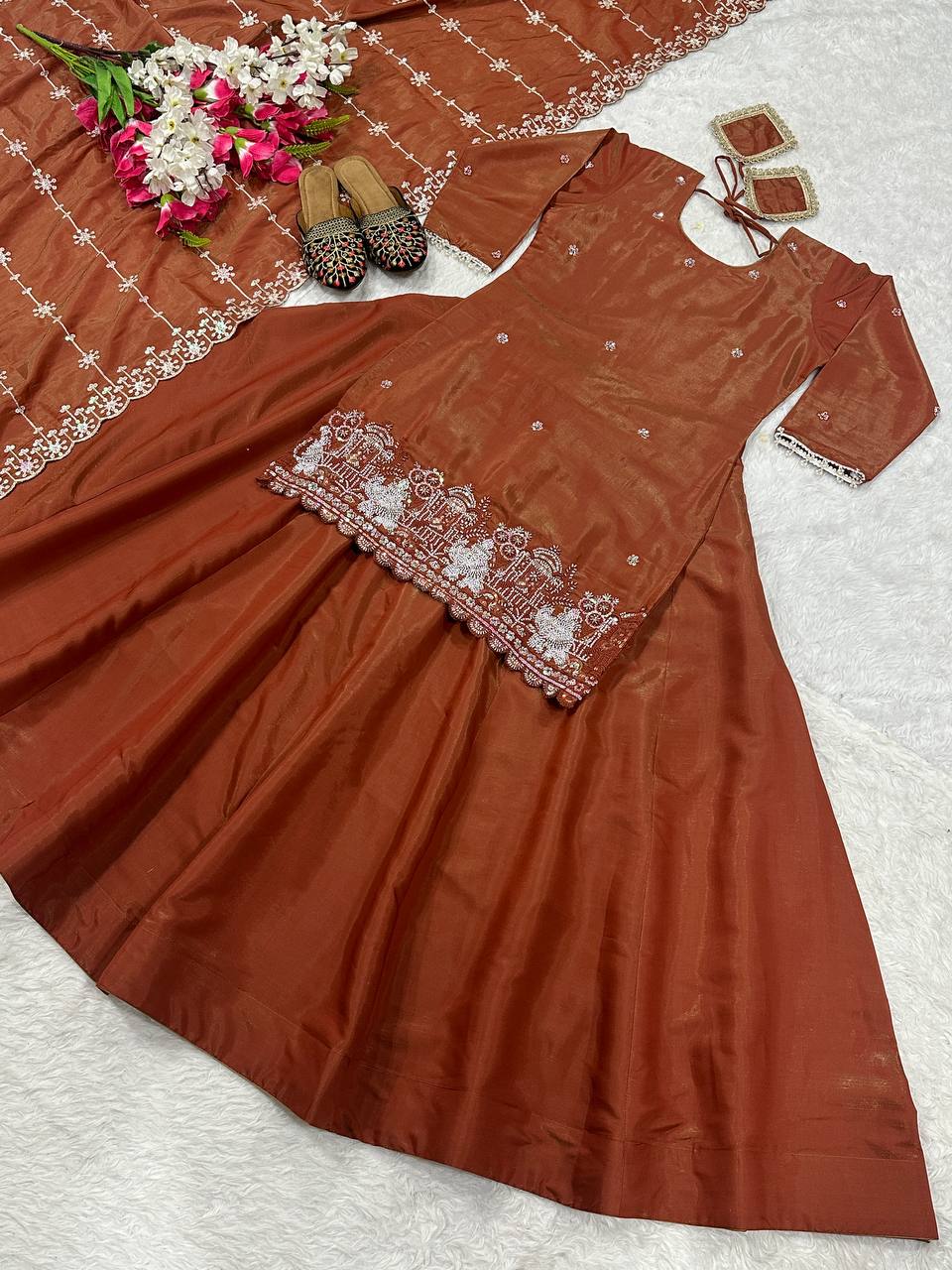 Party Wear Chocolate Color Simmer Silk Bids Hand Work With Sequence Embroidery Work Top With Lehenga