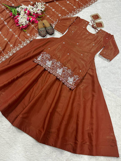 Party Wear Chocolate Color Simmer Silk Bids Hand Work With Sequence Embroidery Work Top With Lehenga