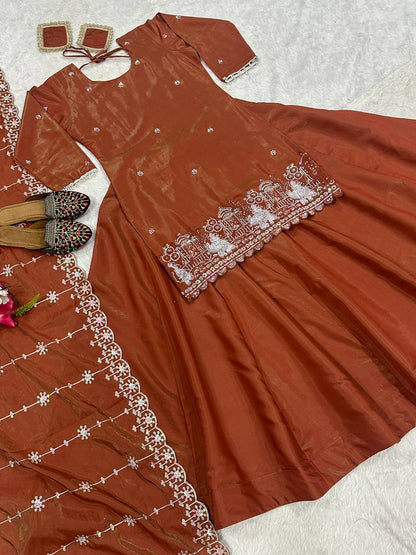 Party Wear Chocolate Color Simmer Silk Bids Hand Work With Sequence Embroidery Work Top With Lehenga