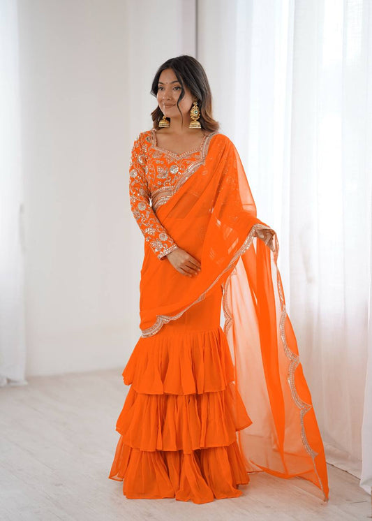 Trendy Orange Color Georgette Ruffle Ready To Wear Saree Set