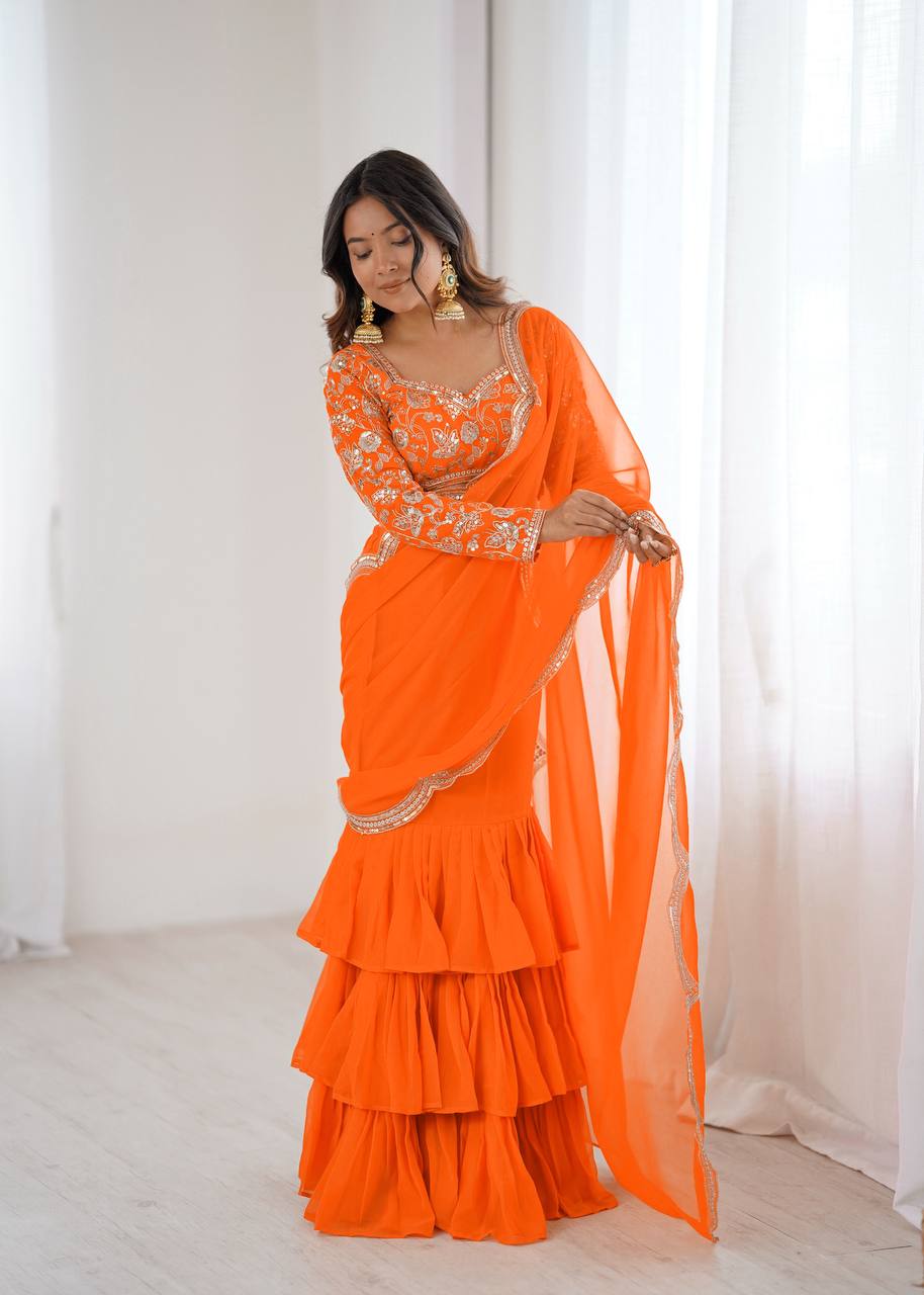 Trendy Orange Color Georgette Ruffle Ready To Wear Saree Set