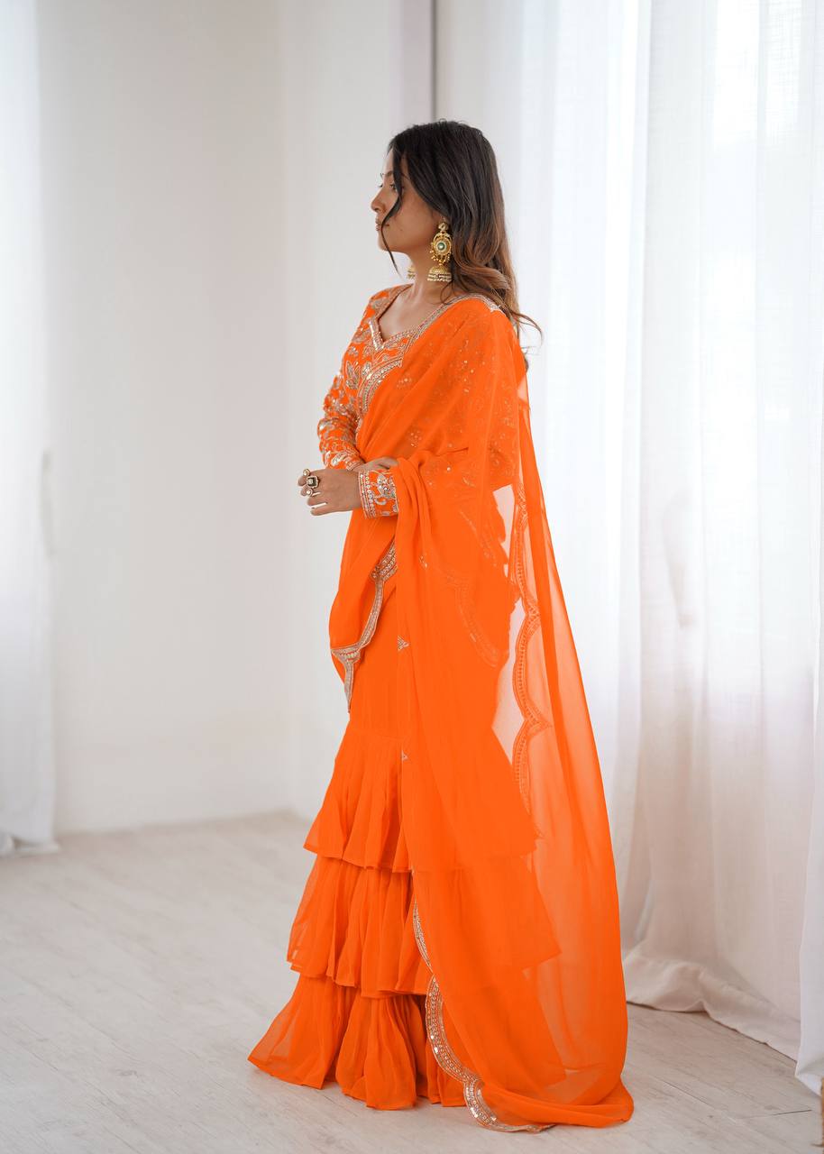 Trendy Orange Color Georgette Ruffle Ready To Wear Saree Set
