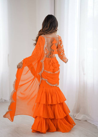 Trendy Orange Color Georgette Ruffle Ready To Wear Saree Set