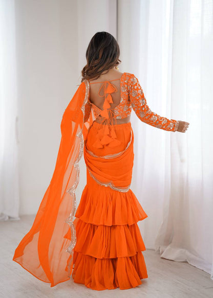 Trendy Orange Color Georgette Ruffle Ready To Wear Saree Set