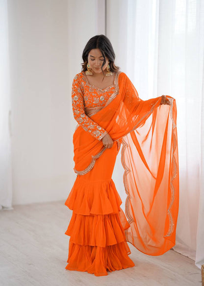 Trendy Orange Color Georgette Ruffle Ready To Wear Saree Set