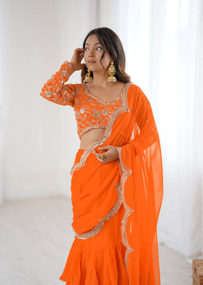 Trendy Orange Color Georgette Ruffle Ready To Wear Saree Set