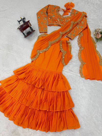 Trendy Orange Color Georgette Ruffle Ready To Wear Saree Set