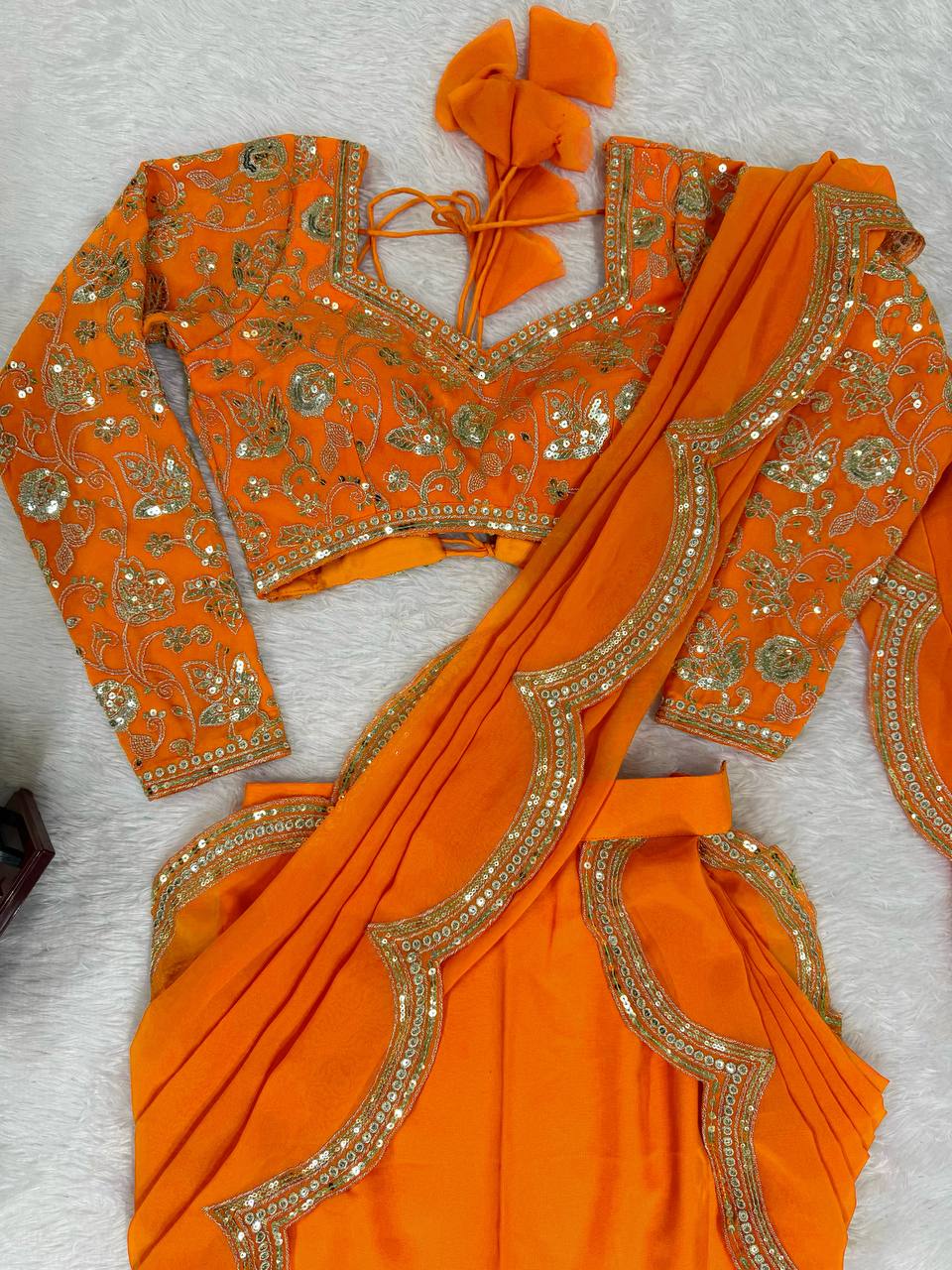 Trendy Orange Color Georgette Ruffle Ready To Wear Saree Set