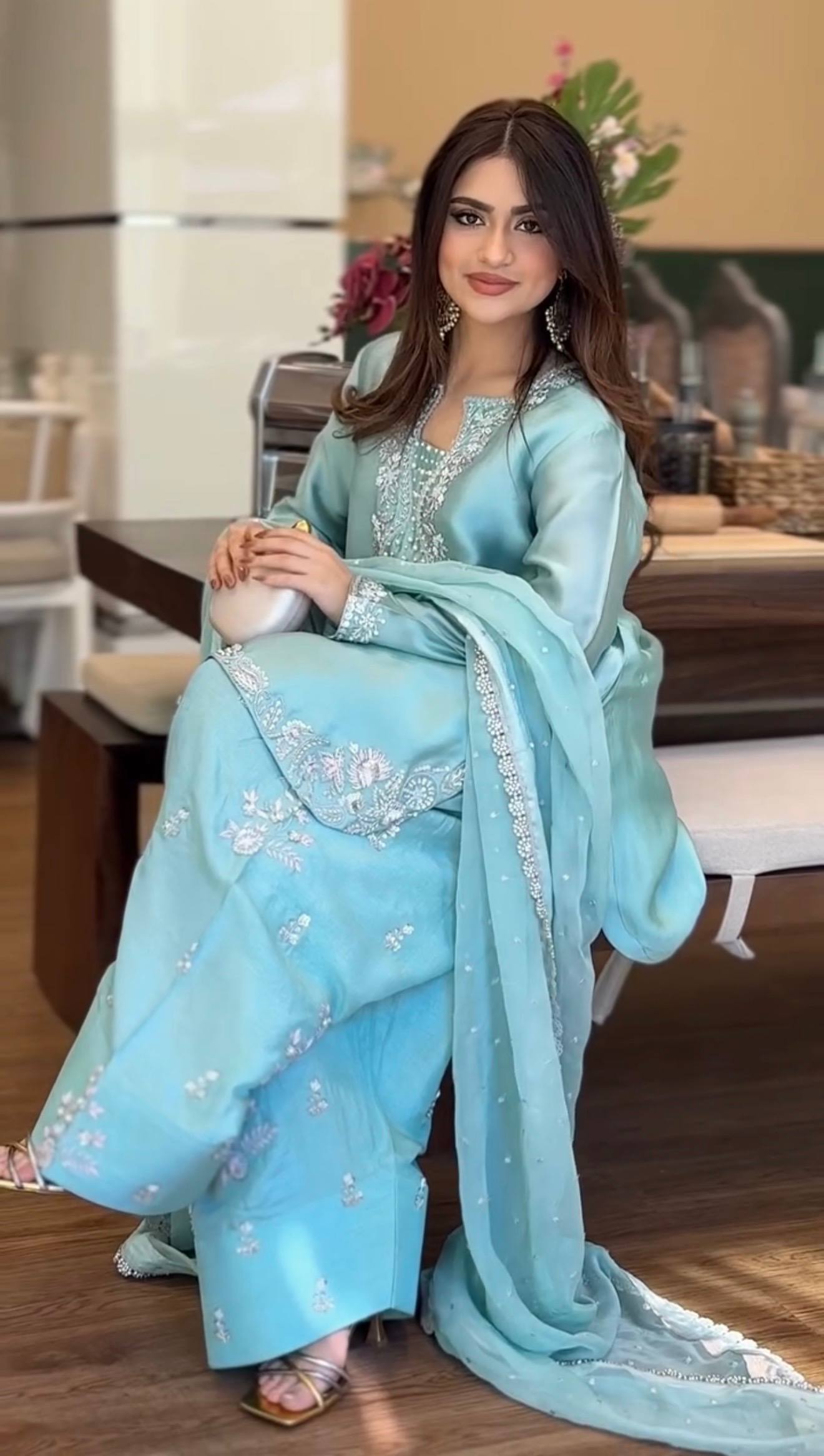 Sangeet Wear Sky Blue Color Roman Glass Silk Farshi Palazzo Set