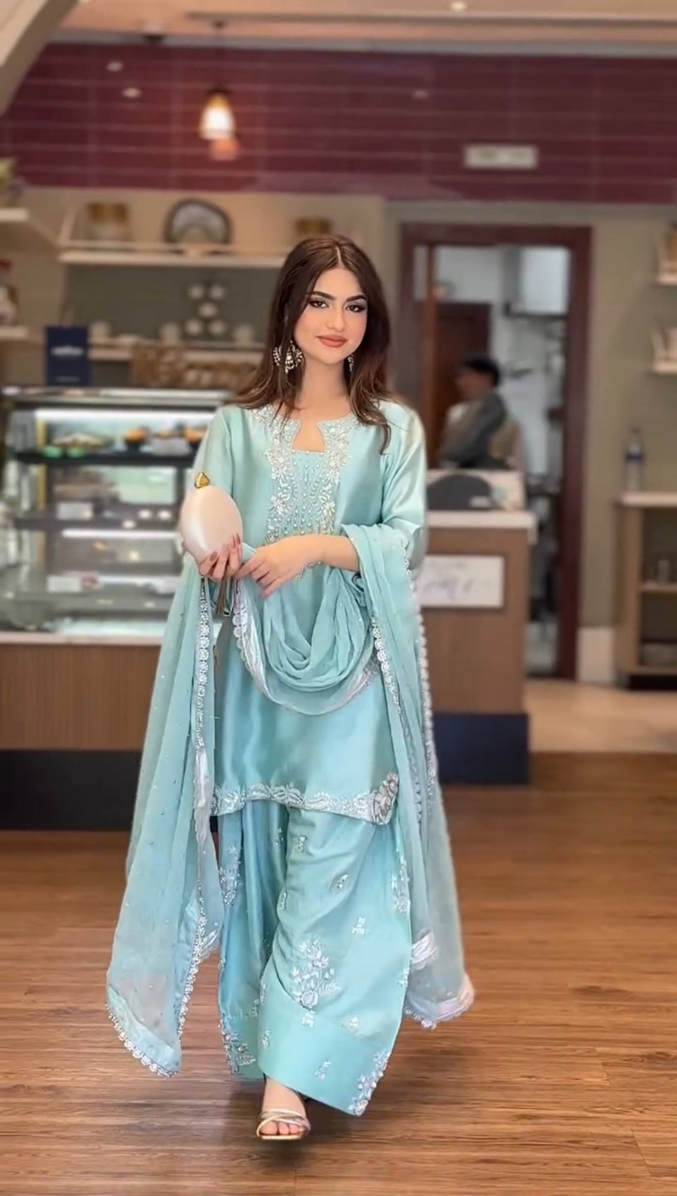 Sangeet Wear Sky Blue Color Roman Glass Silk Farshi Palazzo Set