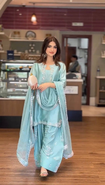 Sangeet Wear Sky Blue Color Roman Glass Silk Farshi Palazzo Set