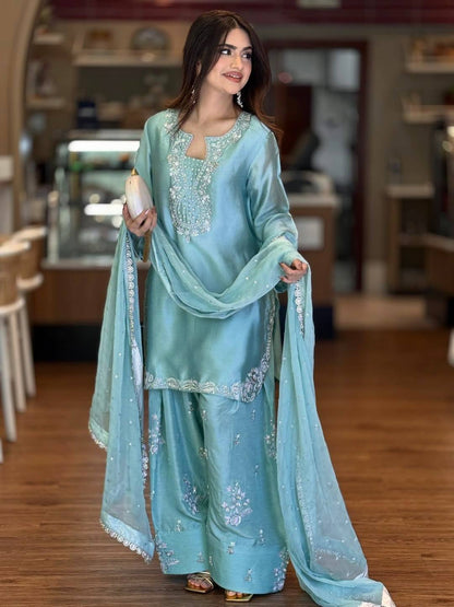 Sangeet Wear Sky Blue Color Roman Glass Silk Farshi Palazzo Set