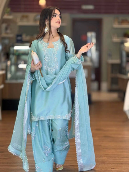 Sangeet Wear Sky Blue Color Roman Glass Silk Farshi Palazzo Set