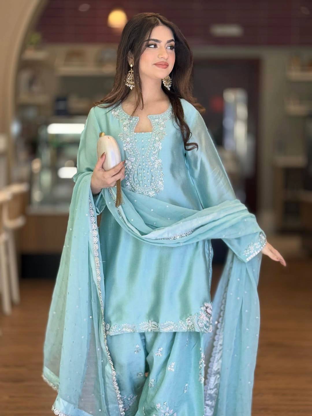 Sangeet Wear Sky Blue Color Roman Glass Silk Farshi Palazzo Set