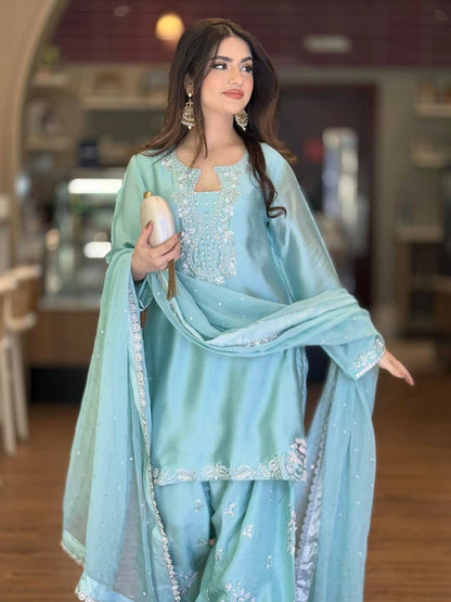 Sangeet Wear Sky Blue Color Roman Glass Silk Farshi Palazzo Set