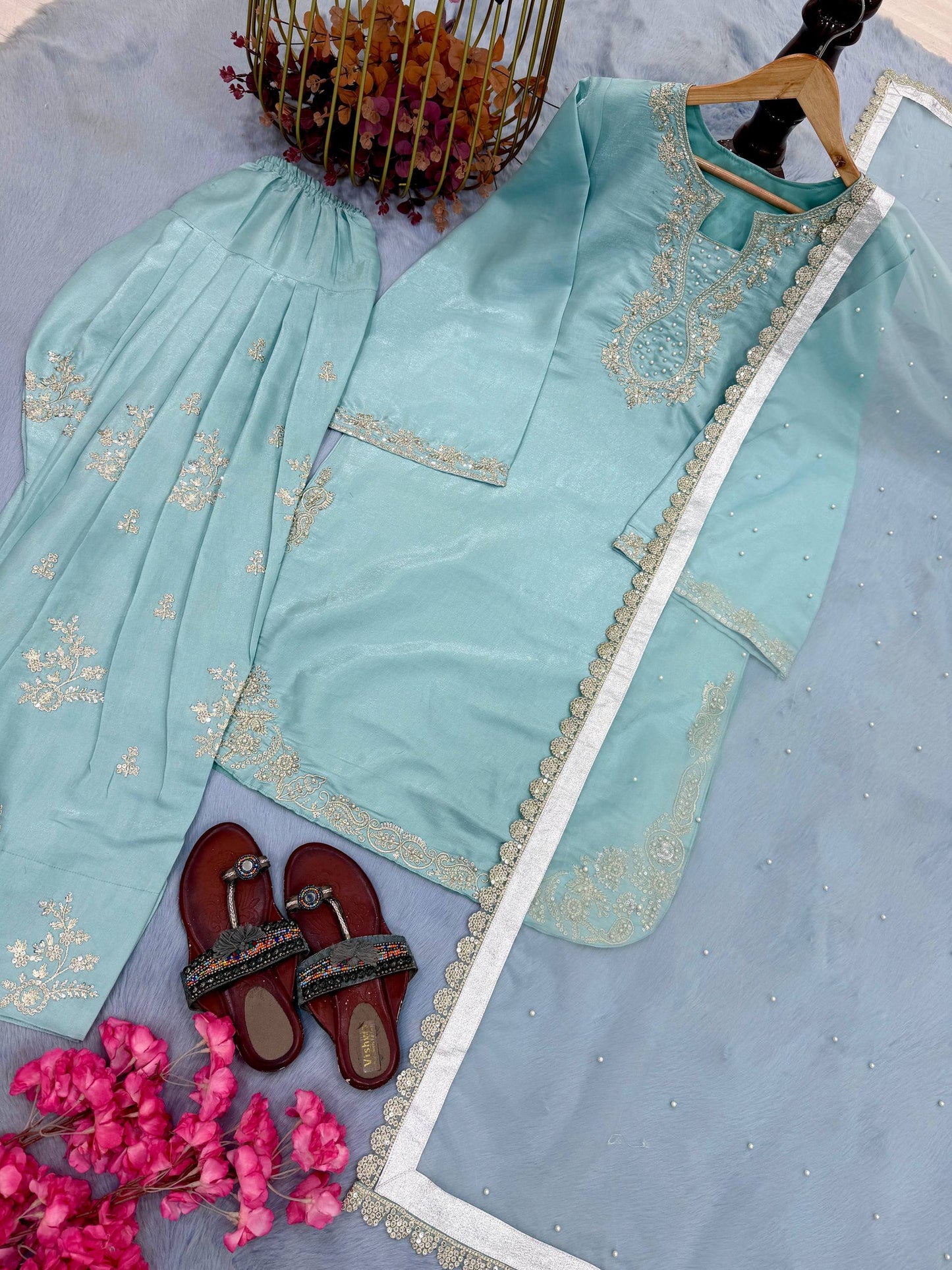Sangeet Wear Sky Blue Color Roman Glass Silk Farshi Palazzo Set