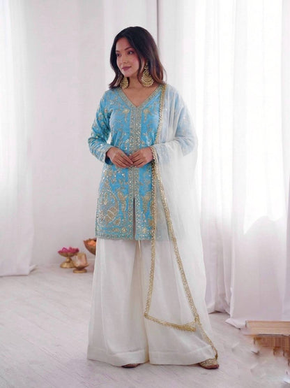 Wedding Wear Fendy Silk Arti Chauhan Wear Palazzo Suit Set